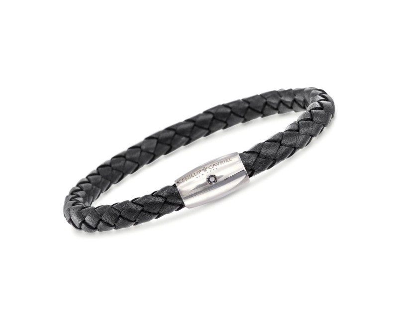 Phillip Gavriel "Woven Silver" Men's Black Leather Bracelet with Sapphire Accent in Sterling Silver. 8"