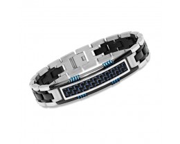 Men's Black and Blue Stainless Steel Bracelet with Black and Blue Carbon Fiber. 8.5"