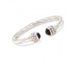 Italian Black Onyx and 1.30 ct. t.w. CZ Twisted Cuff Bracelet in Sterling Silver