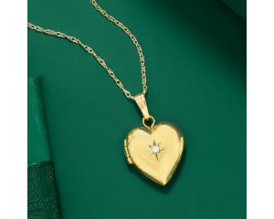 Child's 14kt Yellow Gold Small Heart Locket Necklace with Diamond Accent. 15"