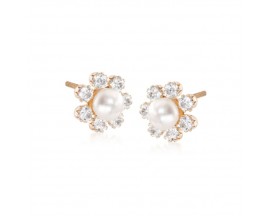 Child's 2mm Cultured Pearl Flower Earrings with .15 ct. t.w. CZs in 14kt Yellow Gold