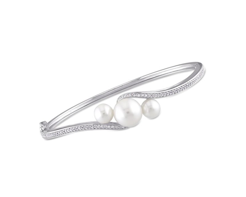 6-9.5mm Cultured Pearl and .80 ct. t.w. Synthetic White Sapphire Bypass Bangle Bracelet in Sterling Silver. 7"