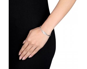 6-9.5mm Cultured Pearl and .80 ct. t.w. Synthetic White Sapphire Bypass Bangle Bracelet in Sterling Silver. 7"