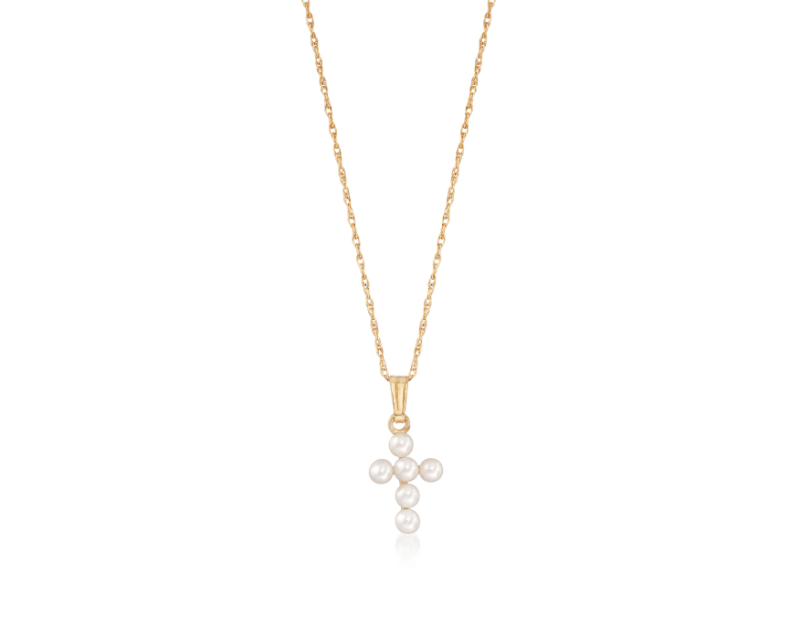 Child's 2.5-3mm Cultured Pearl Cross Pendant Necklace in 14kt Yellow Gold. 15"