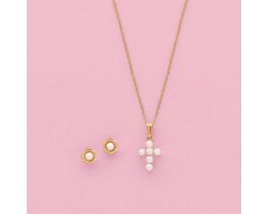 Child's 2.5-3mm Cultured Pearl Cross Pendant Necklace in 14kt Yellow Gold. 15"