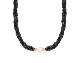12-14mm Cultured Pearl and 183.00 ct. t.w. Black Spinel Bead Necklace in 14kt Yellow Gold. 18"